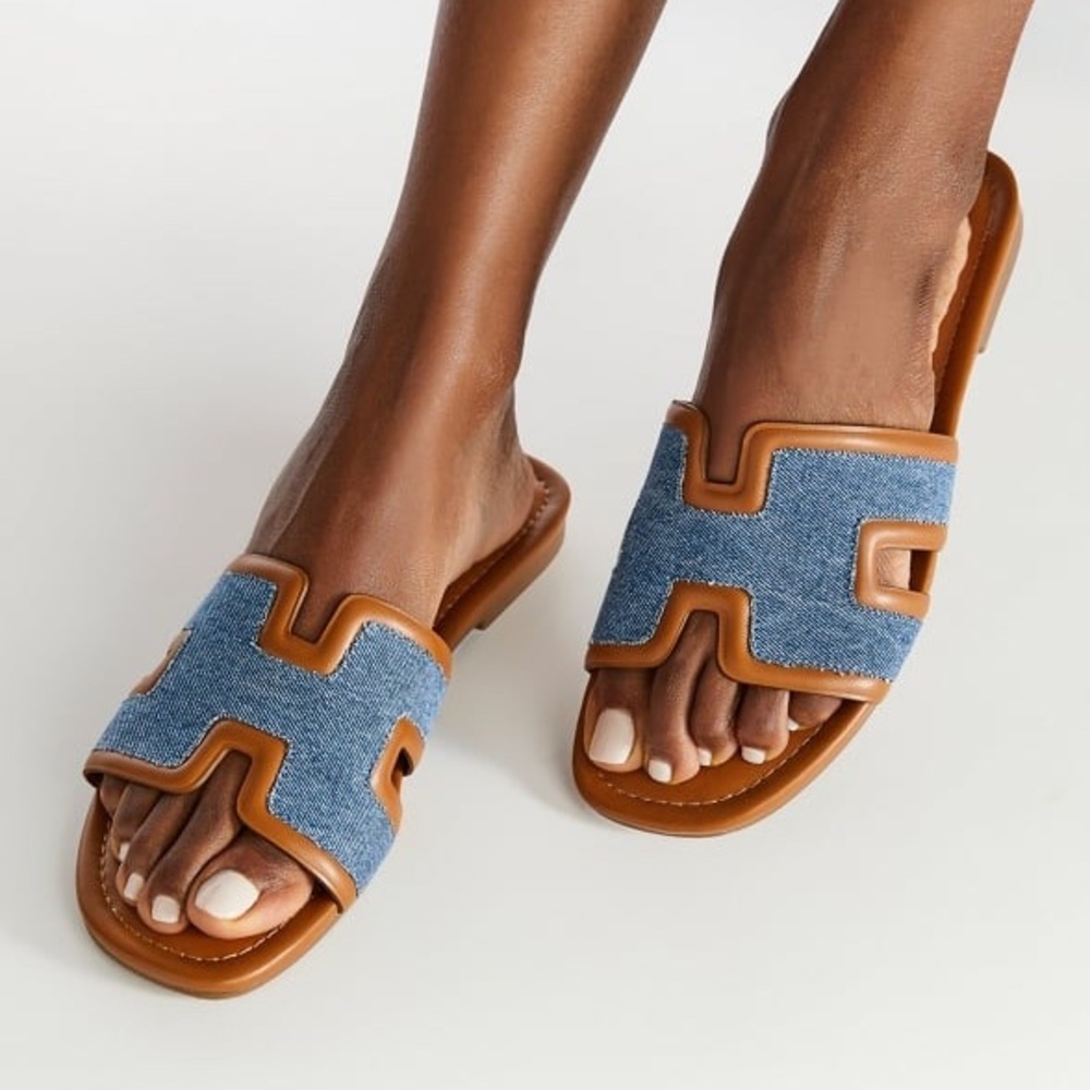 JF Denim & Tan Faux Leather Slides – Size 9/40 NWOT